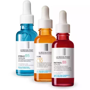 Trío Antiedad La Roche-Posay: Hyalu B5 Serum, Pure Vitamin C10 y Retinol B3 Serum para hidratar, iluminar y reducir los signos del envejecimiento.