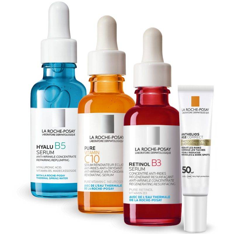 Trío Antiedad La Roche-Posay: Hyalu B5 Serum, Pure Vitamin C10 y Retinol B3 Serum para hidratar, iluminar y reducir los signos del envejecimiento.