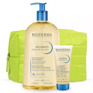 Aceite de ducha Atoderm 1L para piel sensible, Aceite de ducha Atoderm 100ml para viajes y Neceser Atoderm elegante y práctico