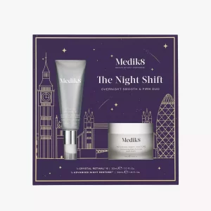 Pack The Night Shift de Medik8: Advance Night Restore y Crystal Retinal 6 para regenerar la piel y combatir signos de envejecimiento mientras duermes.