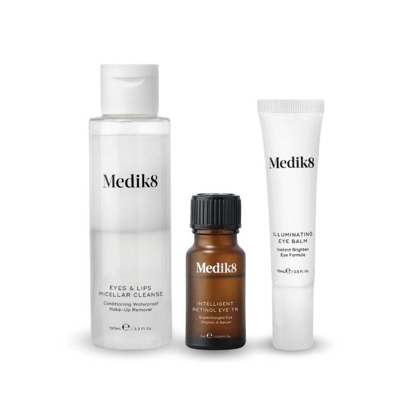 Pack Cuidado del Contorno de Ojos Medik8 con Eyes & Lips Micellar Cleanse, Retinol Eye TR y Illuminating Eye Balm.